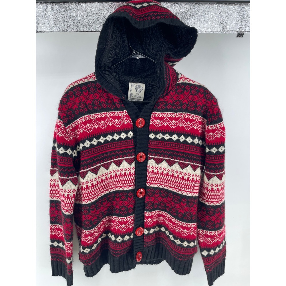 Chrestian Dior Hooded Cardigan Men M Red Black Fair Isle Sherpa Lined Heavy